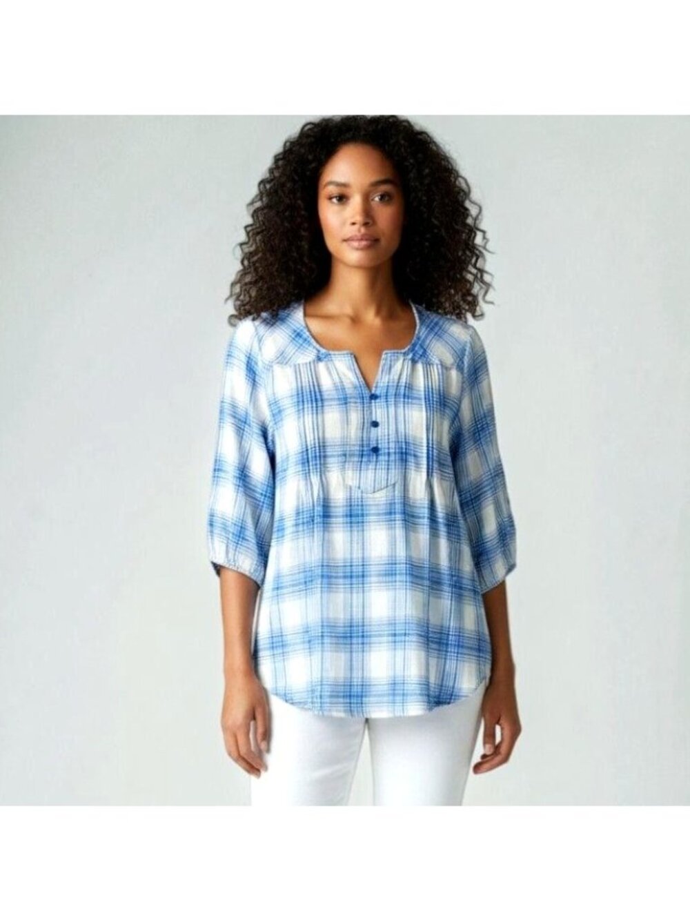 N Touch Blue White Plaid Womens Tunic Top Small Oversized Boho Blouse